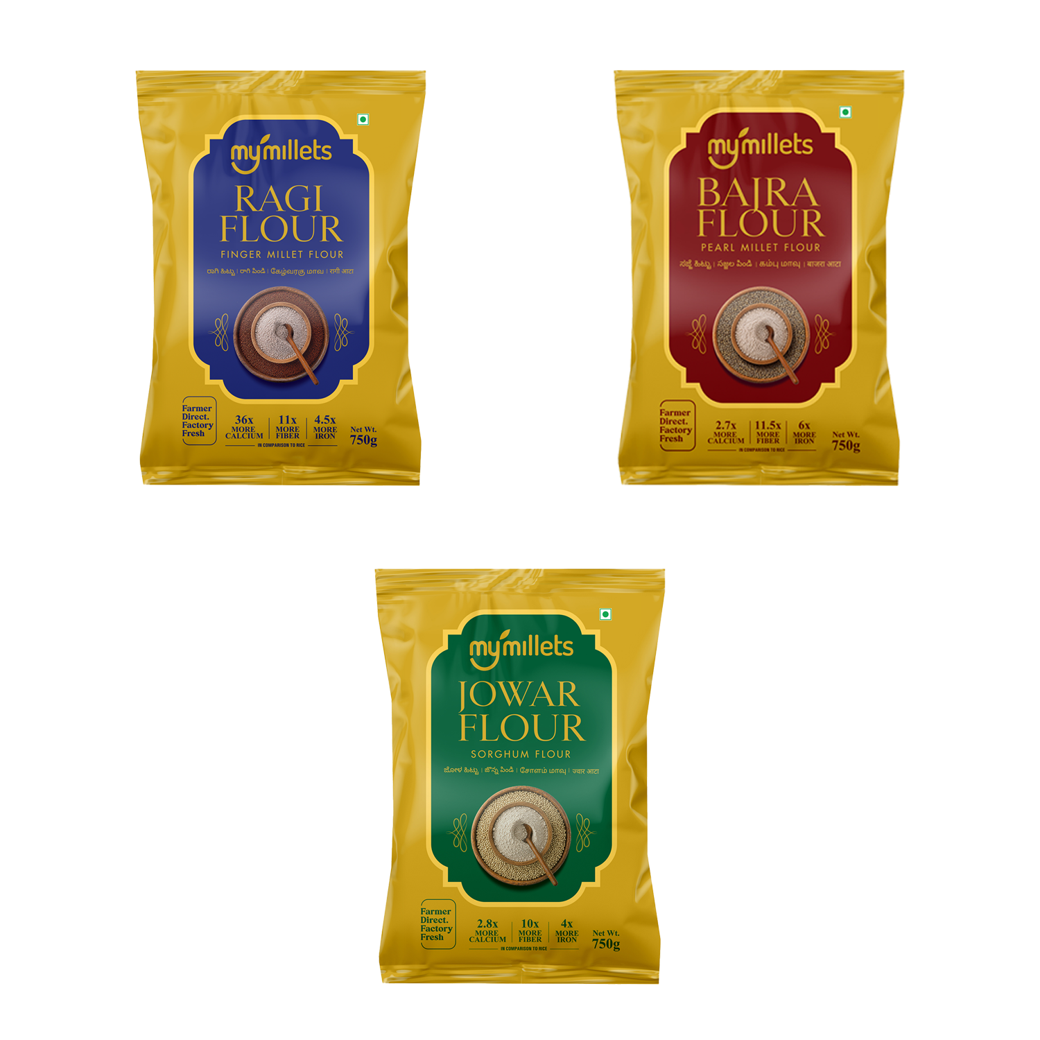 Millet Flour Combo Pack (Ragi, Bajra, Jowar) 750g Each | Gluten-Free Healthy Atta Bundle
