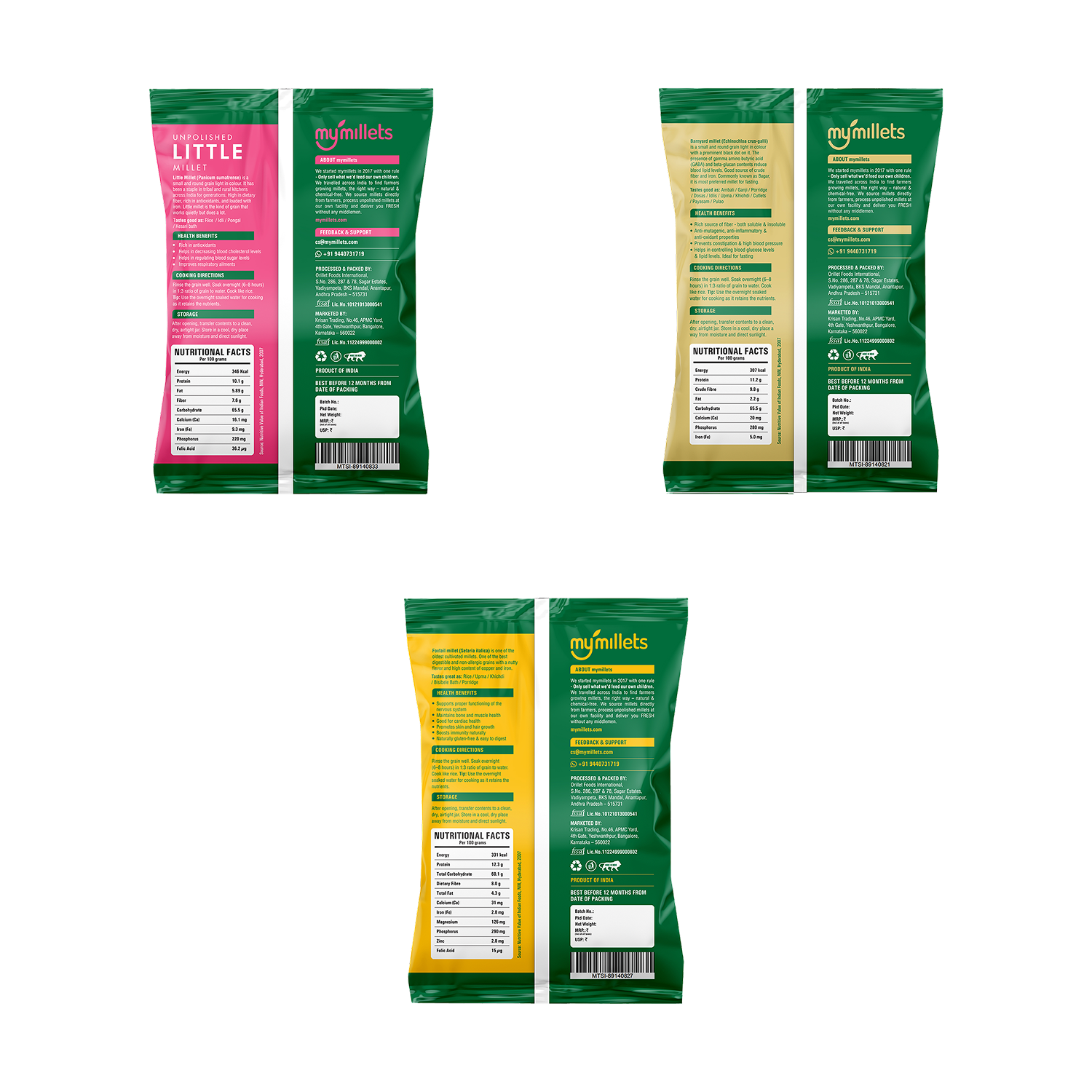 Millet Combo 3 x 950g | Foxtail, Little & Barnyard Millet Combo - Healthy Gluten-Free Grains