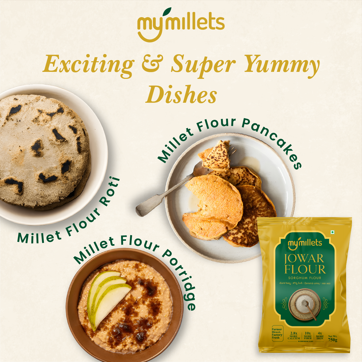 Millet Flour Combo Pack (Ragi, Bajra, Jowar) 750g Each | Gluten-Free Healthy Atta Bundle